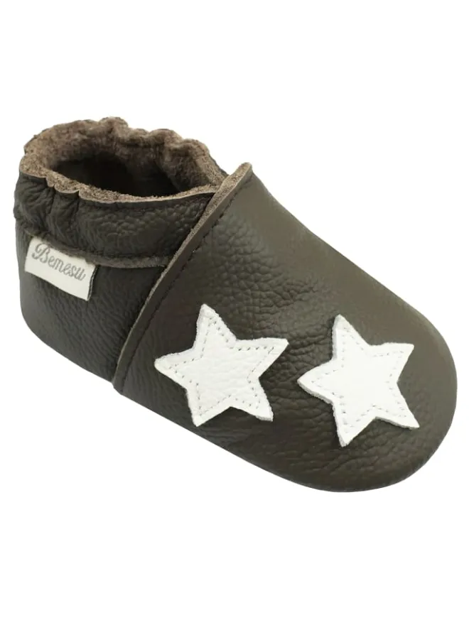 Bemesu Krabbelschuhe^Hellbraune Baby-Lederschuhe, komfortable rutschfeste Sohle - Sternmuster