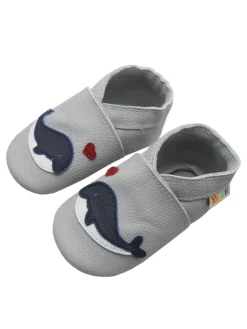 Yalion Krabbelschuhe^Hellgraue Krabbelschuhe aus Leder mit rutschfester Sohle – Wal-Muster
