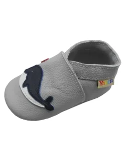 Yalion Krabbelschuhe^Hellgraue Krabbelschuhe aus Leder mit rutschfester Sohle – Wal-Muster
