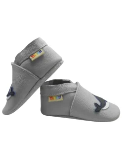 Yalion Krabbelschuhe^Hellgraue Krabbelschuhe aus Leder mit rutschfester Sohle – Wal-Muster