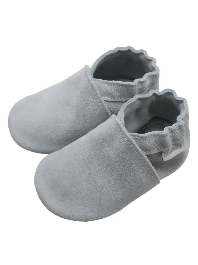 Bemesu Krabbelschuhe^Kleinkindschuhe aus Babyleder, bequeme rutschfeste Sohle - hellgrau