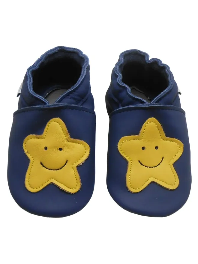 Bemesu Krabbelschuhe^Königsblaue Baby-Leder-Laufschuhe, mit rutschfester Sohle - gelbem Sternenmuster