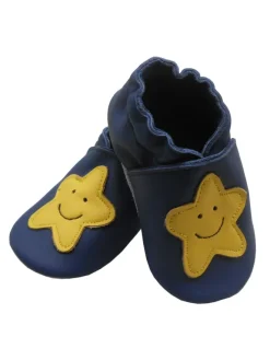 Bemesu Krabbelschuhe^Königsblaue Baby-Leder-Laufschuhe, mit rutschfester Sohle - gelbem Sternenmuster