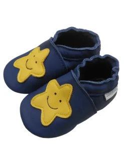 Bemesu Krabbelschuhe^Königsblaue Baby-Leder-Laufschuhe, mit rutschfester Sohle - gelbem Sternenmuster