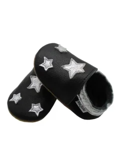 Mejale Krabbelschuhe^Leather baby crawling shoes with star patterns, non-slip sole, black