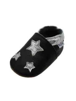 Mejale Krabbelschuhe^Leather baby crawling shoes with star patterns, non-slip sole, black