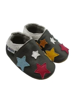 Mejale Krabbelschuhe^Leder Babyschuhe mit buntem Sternmuster, rutschfeste Sohle, schwarz