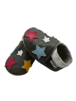 Mejale Krabbelschuhe^Leder Babyschuhe mit buntem Sternmuster, rutschfeste Sohle, schwarz