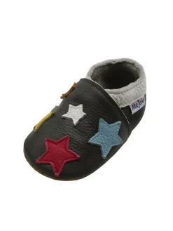 Mejale Krabbelschuhe^Leder Babyschuhe mit buntem Sternmuster, rutschfeste Sohle, schwarz
