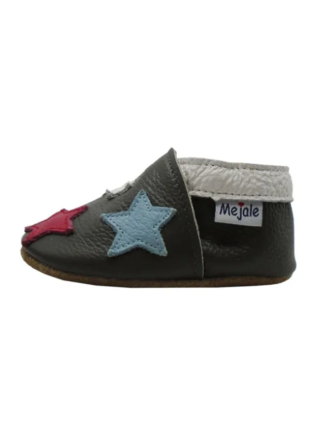 Mejale Krabbelschuhe^Leder Babyschuhe mit buntem Sternmuster, rutschfeste Sohle, schwarz