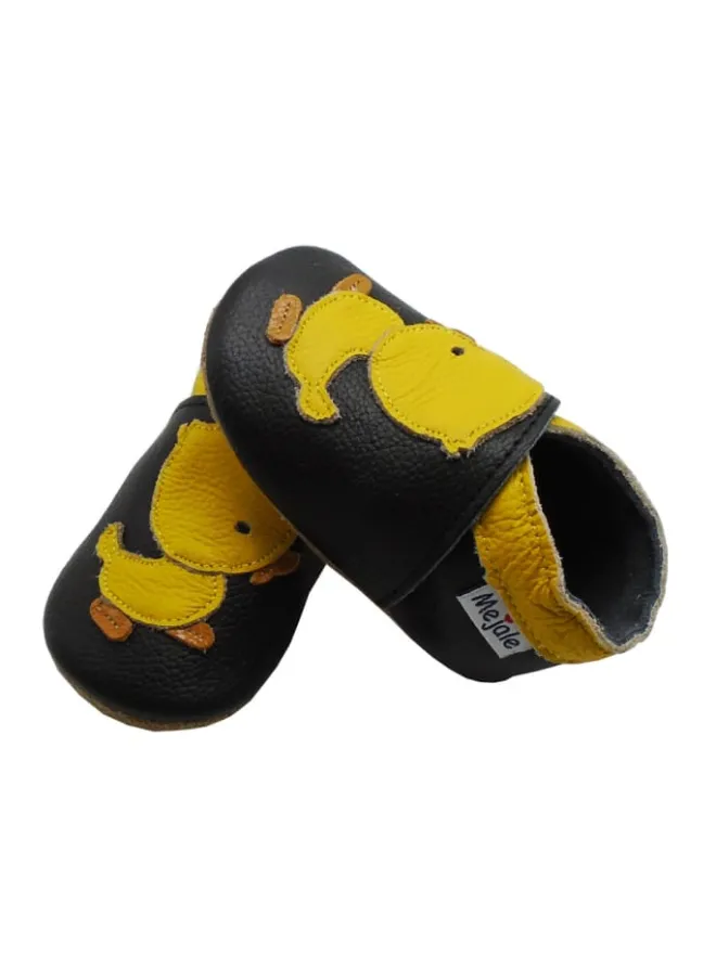 Mejale Krabbelschuhe^Leder Babyschuhe mit kleinem Entenmuster, rutschfeste Sohle, schwarz