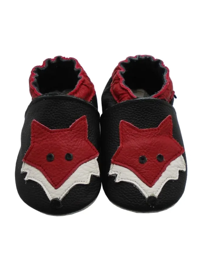 Leder Babyschuhe mit rotem Fuchsmuster, rutschfeste Sohle, schwarz>Mejale Discount