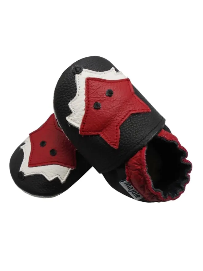 Leder Babyschuhe mit rotem Fuchsmuster, rutschfeste Sohle, schwarz>Mejale Discount