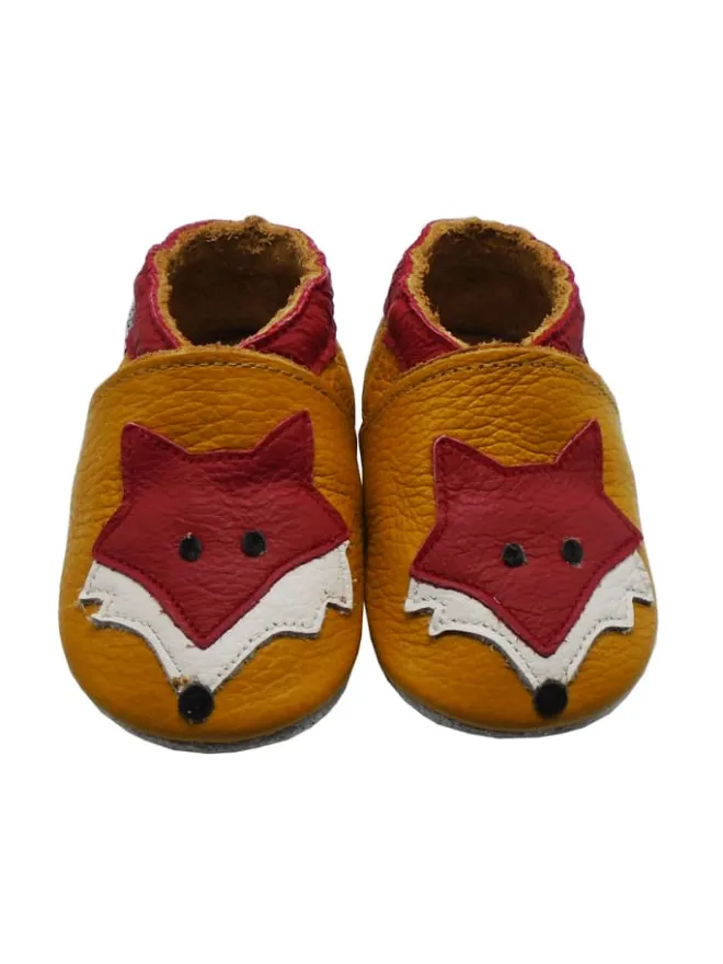 Leder Babyschuhe mit rotem Fuchsmuster, rutschfeste Sohle, sandfarben>Mejale Best