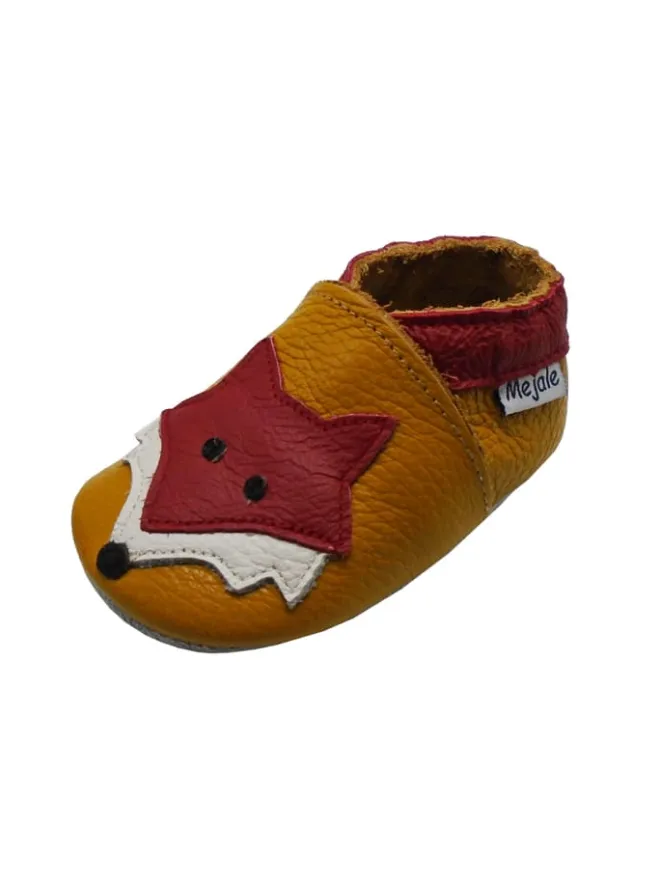 Leder Babyschuhe mit rotem Fuchsmuster, rutschfeste Sohle, sandfarben>Mejale Best