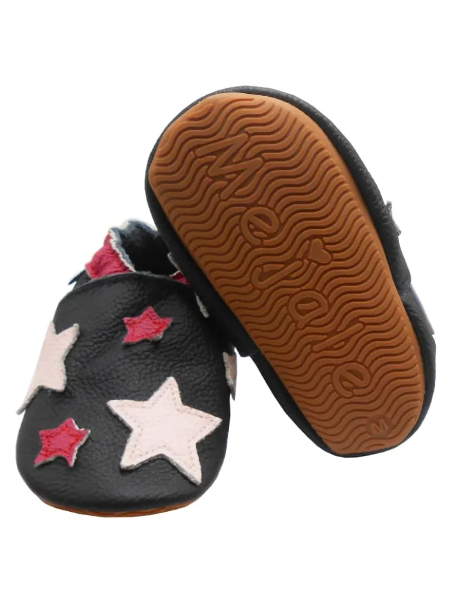 Leder Babyschuhe mit Sternenmuster, rutschfeste harte Sohle - schwarz>Mejale New