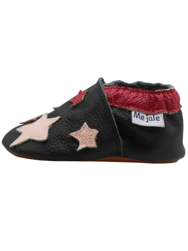 Leder Babyschuhe mit Sternenmuster, rutschfeste harte Sohle - schwarz>Mejale New