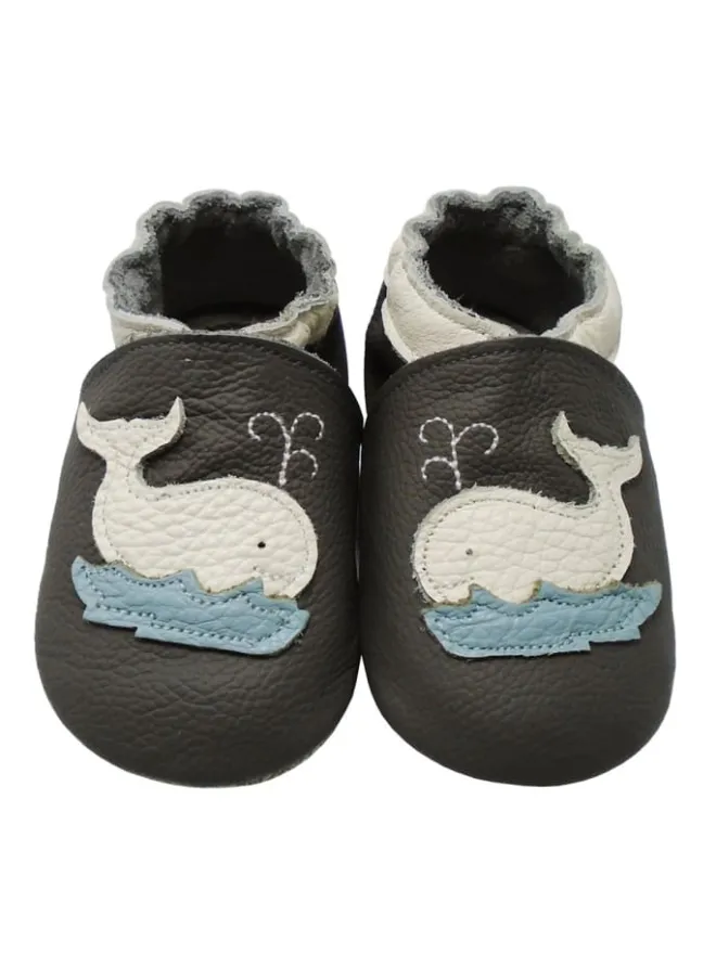 Mejale Krabbelschuhe^Leder Babyschuhe mit Wal-Muster, rutschfeste Sohle, schwarz