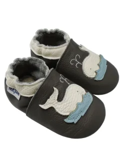 Mejale Krabbelschuhe^Leder Babyschuhe mit Wal-Muster, rutschfeste Sohle, schwarz