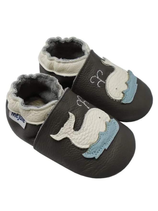 Mejale Krabbelschuhe^Leder Babyschuhe mit Wal-Muster, rutschfeste Sohle, schwarz