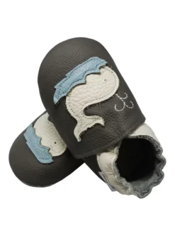 Mejale Krabbelschuhe^Leder Babyschuhe mit Wal-Muster, rutschfeste Sohle, schwarz