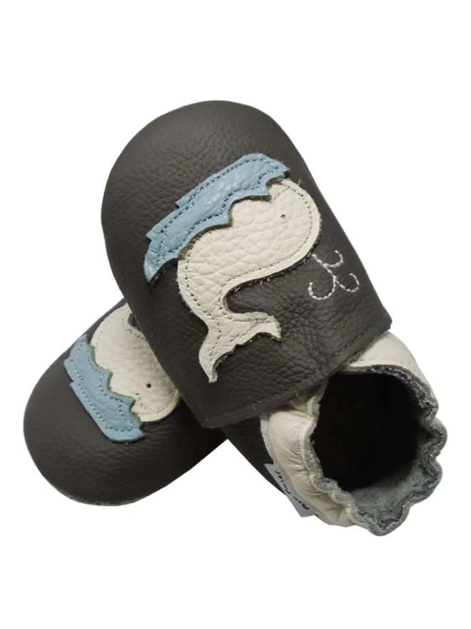 Mejale Krabbelschuhe^Leder Babyschuhe mit Wal-Muster, rutschfeste Sohle, schwarz