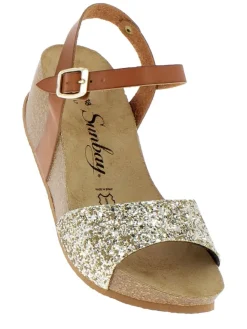 Sunbay Sandalen^Leder-Keilsandaletten "Yucca" in Hellbraun/ Gold