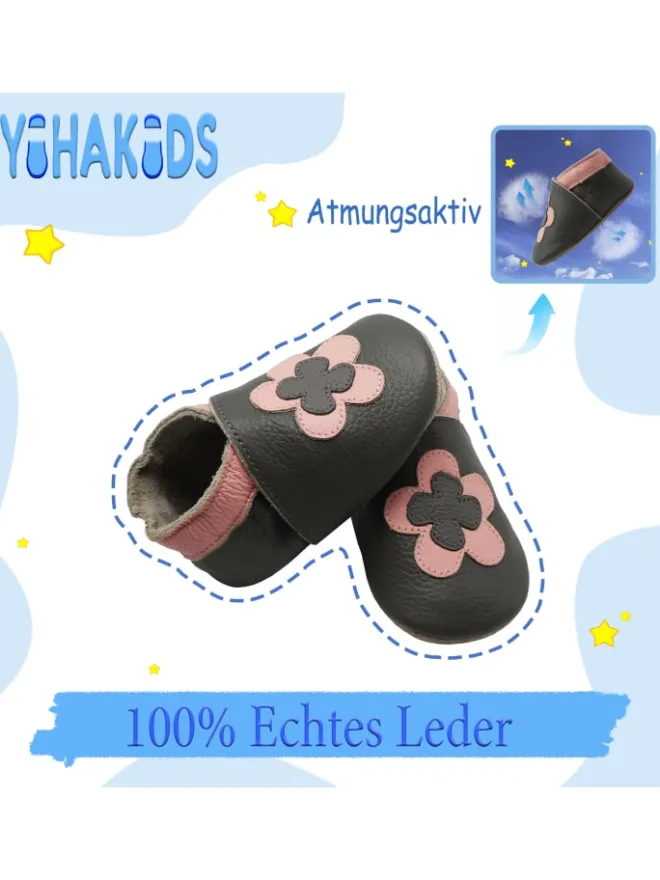 Yihakids Krabbelschuhe^Leder-Krabbelschuhe "Blumen" in Schwarz