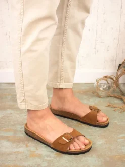 Leder-Pantoletten in Cognac><noscript><img width=