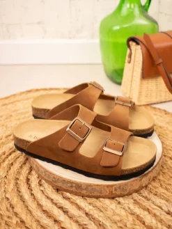 Leder-Pantoletten in Hellbraun><noscript><img width=