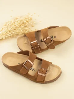 Leder-Pantoletten in Hellbraun><noscript><img width=
