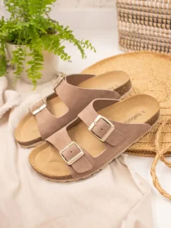 Leder-Pantoletten in Taupe><noscript><img width=
