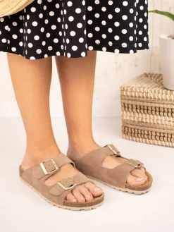 Leder-Pantoletten in Taupe><noscript><img width=