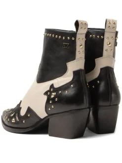 Leder-Stiefeletten in Creme/ Schwarz><noscript><img width=