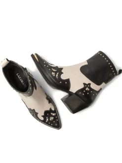 Leder-Stiefeletten in Creme/ Schwarz><noscript><img width=