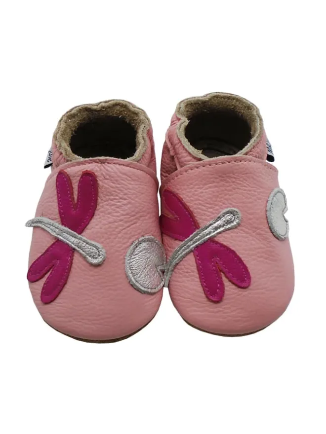Mejale Krabbelschuhe^Rosa Baby-Laufanfänger aus echtem Leder, rutschfeste Sohlen – Libellen-Design