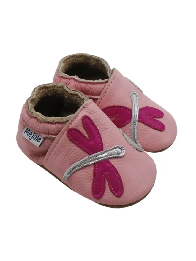 Mejale Krabbelschuhe^Rosa Baby-Laufanfänger aus echtem Leder, rutschfeste Sohlen – Libellen-Design