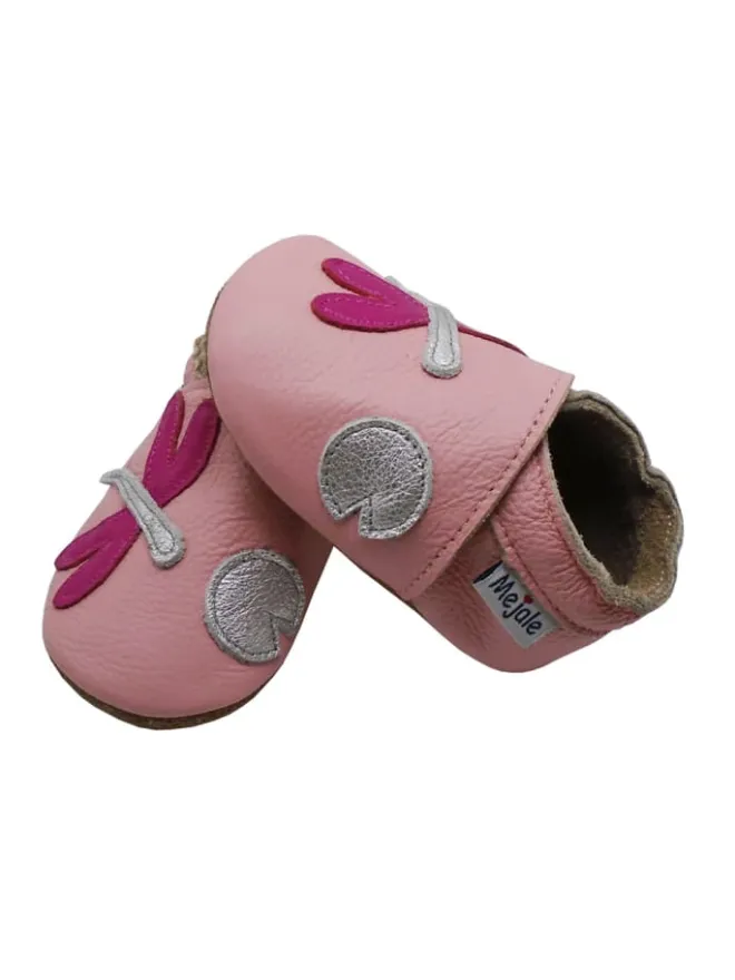 Mejale Krabbelschuhe^Rosa Baby-Laufanfänger aus echtem Leder, rutschfeste Sohlen – Libellen-Design