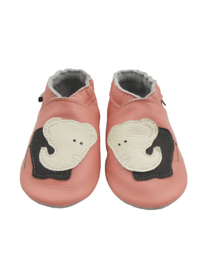 Rosa Baby-Leder-Laufschuhe, komfortabel mit rutschfester Sohle - Elefantenmotiv>Bemesu Outlet