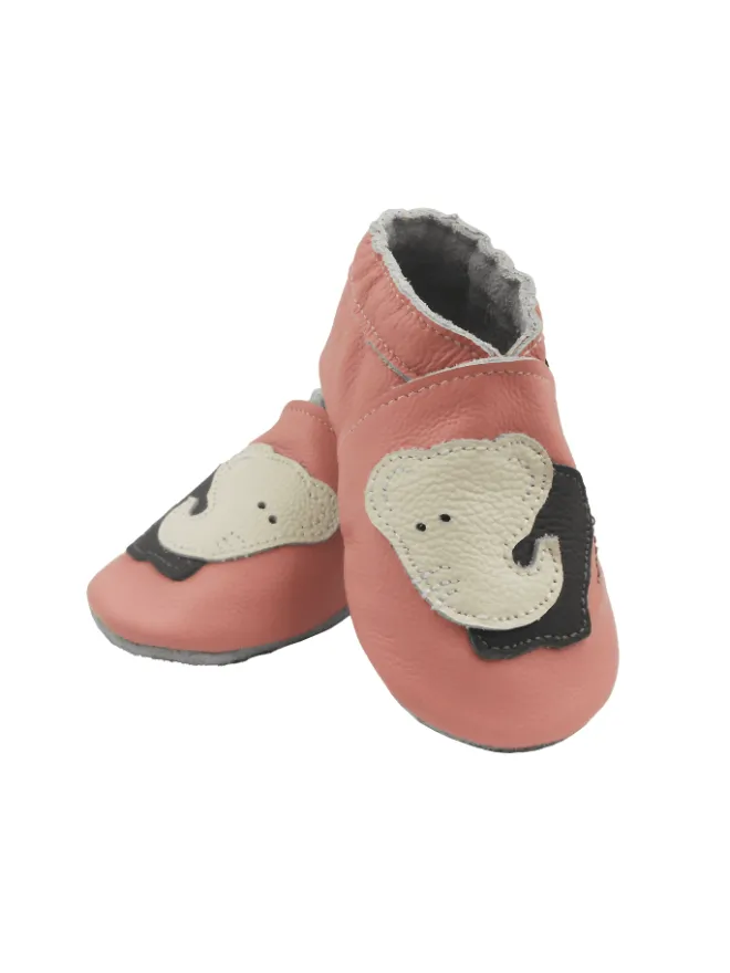 Rosa Baby-Leder-Laufschuhe, komfortabel mit rutschfester Sohle - Elefantenmotiv>Bemesu Outlet