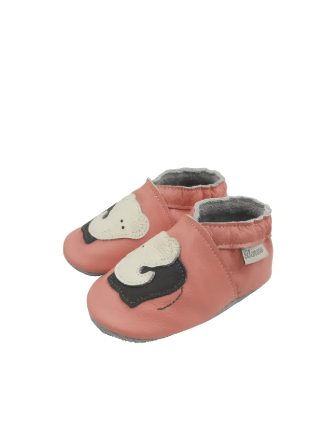 Rosa Baby-Leder-Laufschuhe, komfortabel mit rutschfester Sohle - Elefantenmotiv>Bemesu Outlet