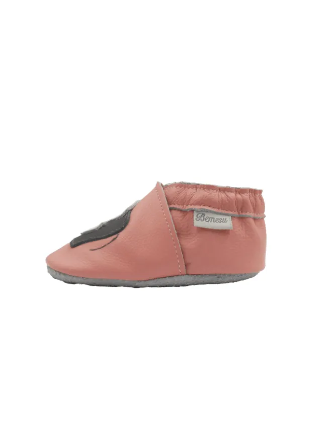 Rosa Baby-Leder-Laufschuhe, komfortabel mit rutschfester Sohle - Elefantenmotiv>Bemesu Outlet