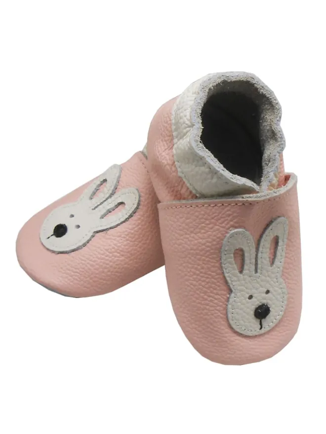 Rosa Baby-Leder-Laufschuhe, komfortabel mit rutschfester Sohle - mit Hasenmotiv>Bemesu Discount