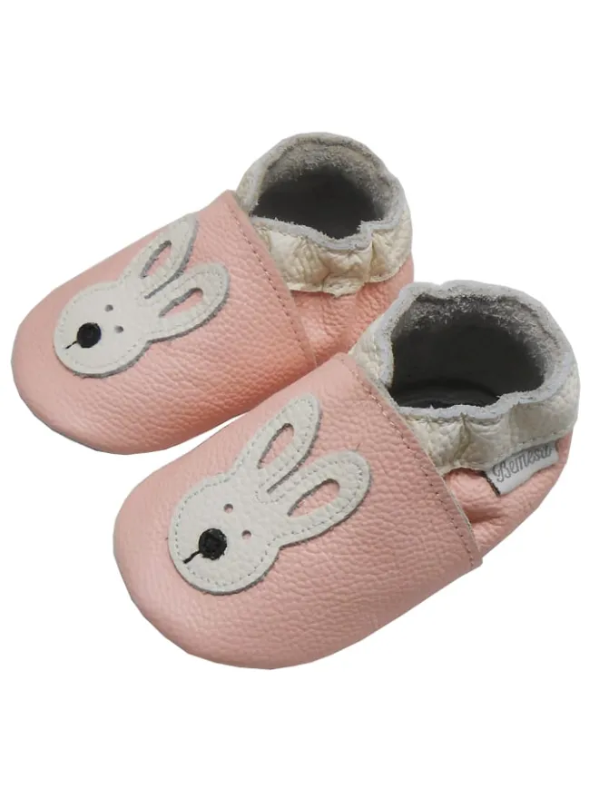 Rosa Baby-Leder-Laufschuhe, komfortabel mit rutschfester Sohle - mit Hasenmotiv>Bemesu Discount