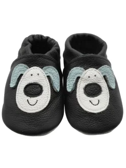 Yihakids Krabbelschuhe^Schwarze Baby Leder Krabbelschuhe, mit rutschfester Sohle – Hund-Muster