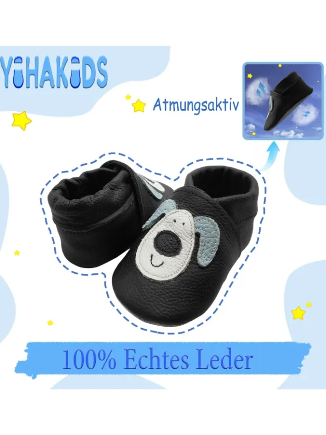 Yihakids Krabbelschuhe^Schwarze Baby Leder Krabbelschuhe, mit rutschfester Sohle – Hund-Muster