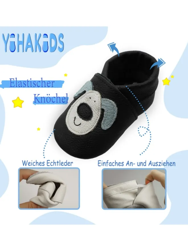 Yihakids Krabbelschuhe^Schwarze Baby Leder Krabbelschuhe, mit rutschfester Sohle – Hund-Muster