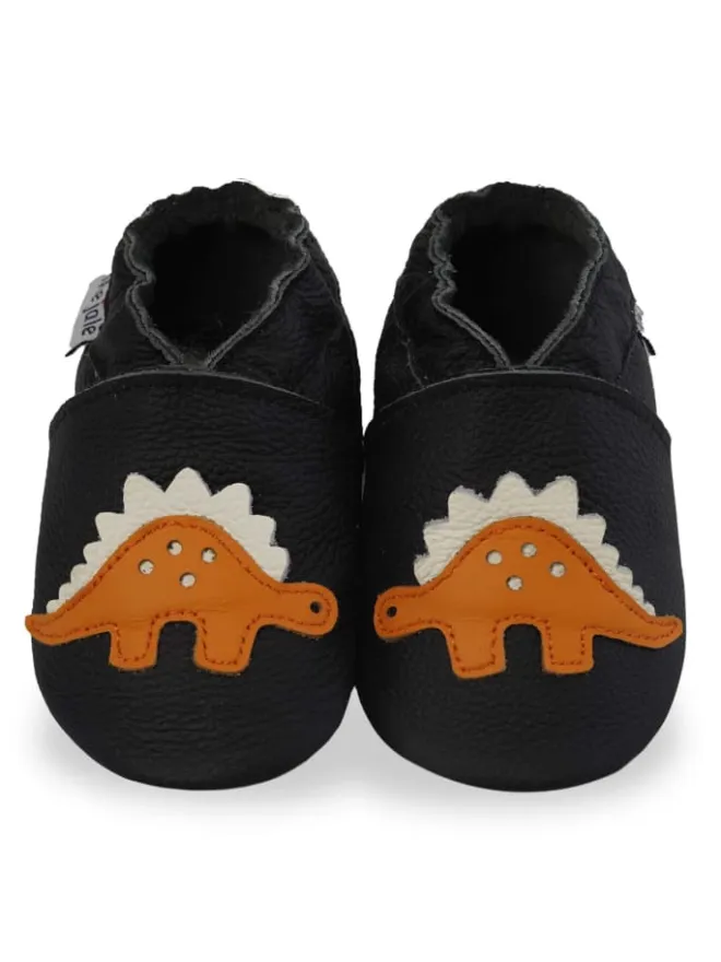 Mejale Krabbelschuhe^Schwarze Babyleder-Kleinkindschuhe, rutschfeste Sohle - Triceratops-Muster