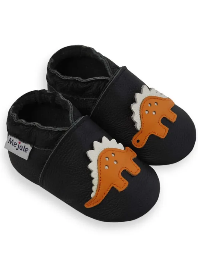 Mejale Krabbelschuhe^Schwarze Babyleder-Kleinkindschuhe, rutschfeste Sohle - Triceratops-Muster