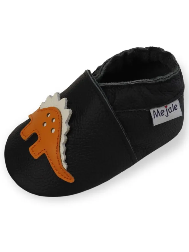 Mejale Krabbelschuhe^Schwarze Babyleder-Kleinkindschuhe, rutschfeste Sohle - Triceratops-Muster